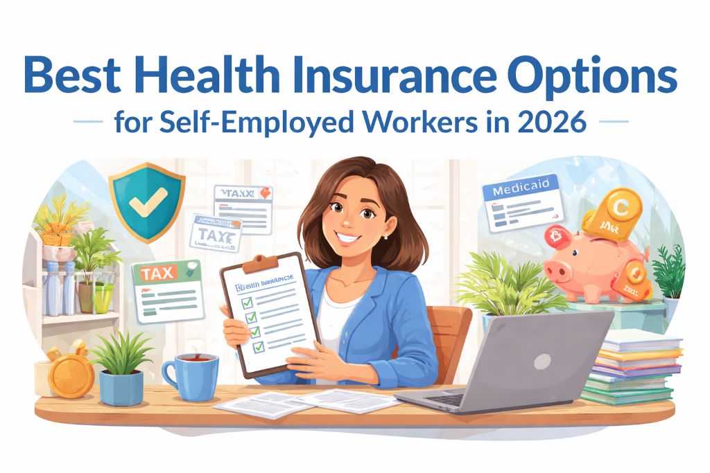 Self-employed worker reviewing health insurance options on a laptop